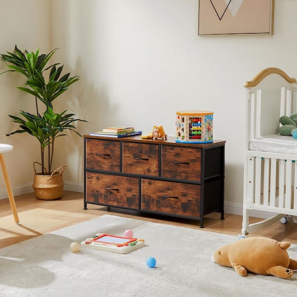 Brown 5 Drawer 39.4 in. W Fabric Storage Tower Dresser Wooden Top without Mirror for Kid Room, Closet, Entryway, Nursery