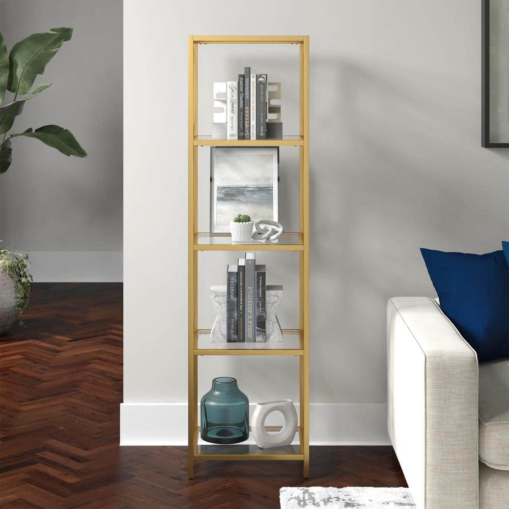 Modern Geometric 66" Brass Steel Bookcase with Tempered Glass Shelves
