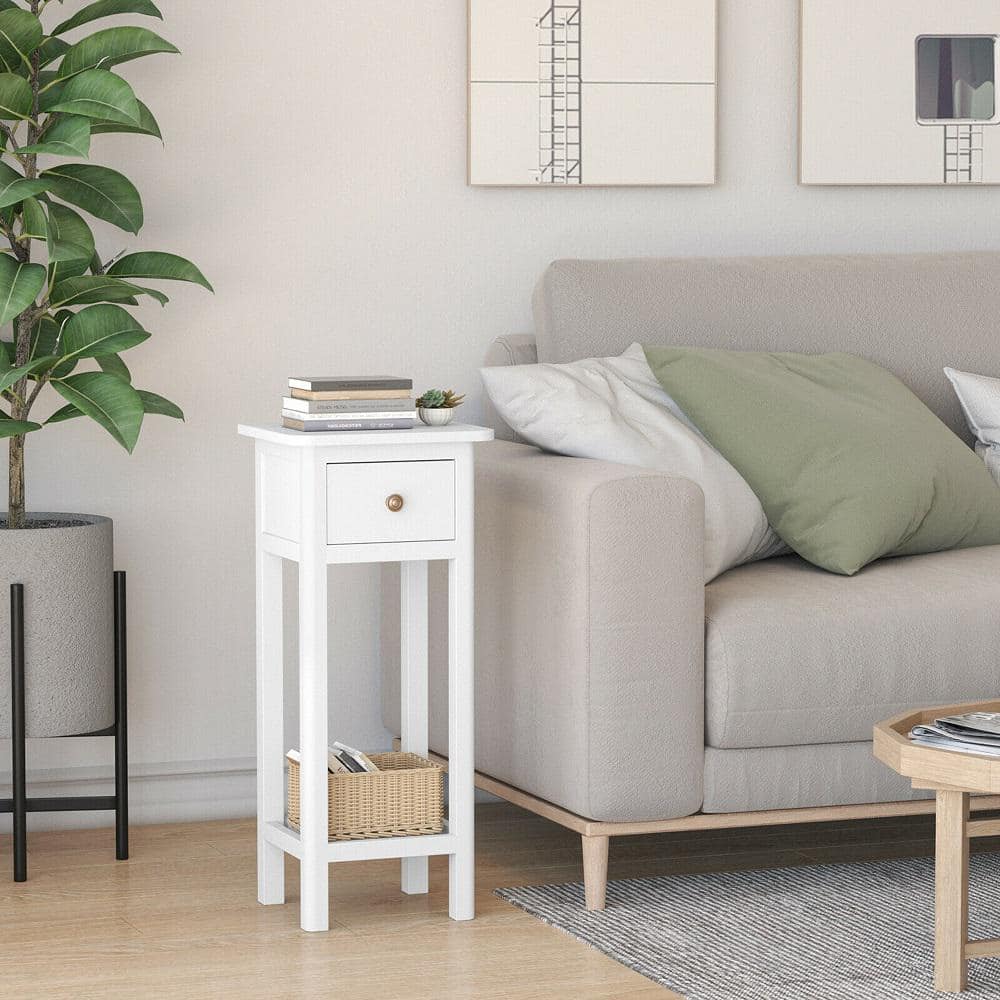 14 in. W x 12 in. D x 31.5 in. H2 Tier End Bedside Sofa Side Table with Drawer Shelf Acacia Wood Nightstand White