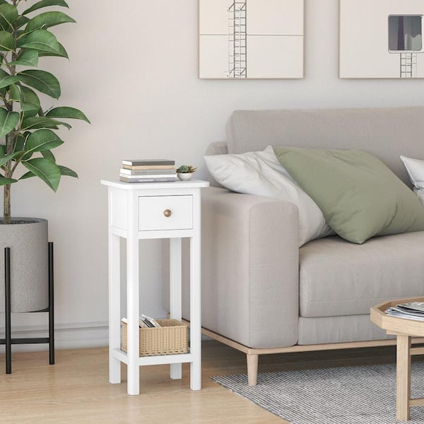 Gymax 14 in. W x 12 in. D x 31.5 in. H2 Tier End Bedside Sofa Side Table with Drawer Shelf Acacia Wood Nightstand White