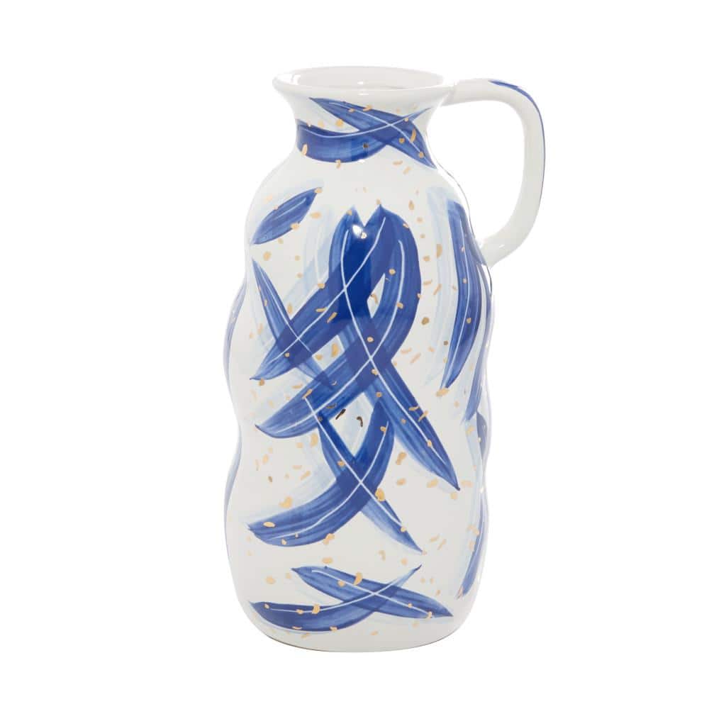 Contemporary Blue Ceramic Vase with Gold Flecks, 7" x 13"