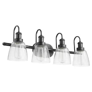 4-Light - 100-Watts, Medium Base Lamp Light Vanity 7.75 in. Width with 4-Clear Seeded Diffusers - Matte Black