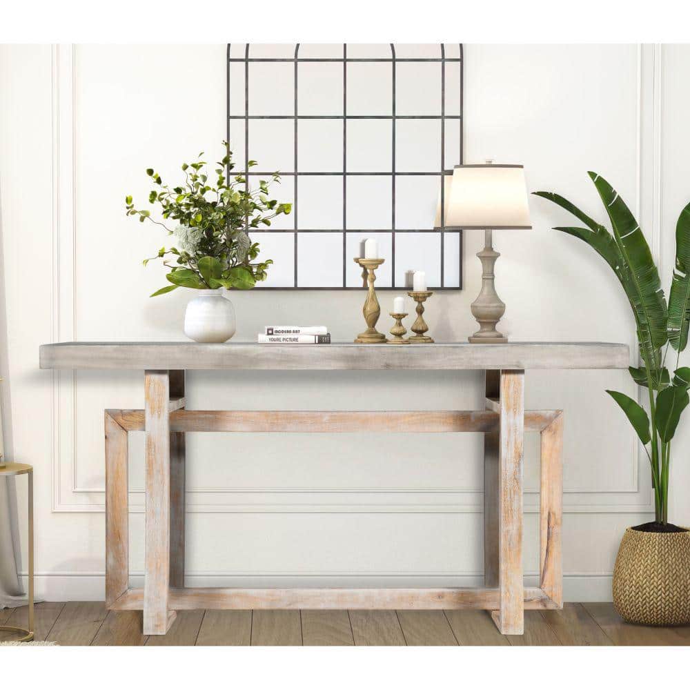 Rustic Light Brown Mango Wood 60" Console Table with Geometric Base