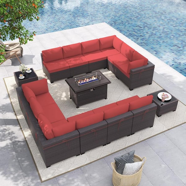 Halmuz 15-Piece Wicker Patio Fire Pit Set with Glass Coffee Tables 55,000 BTU Fire Pit Table, Glass Wind Guard and Cushion Red