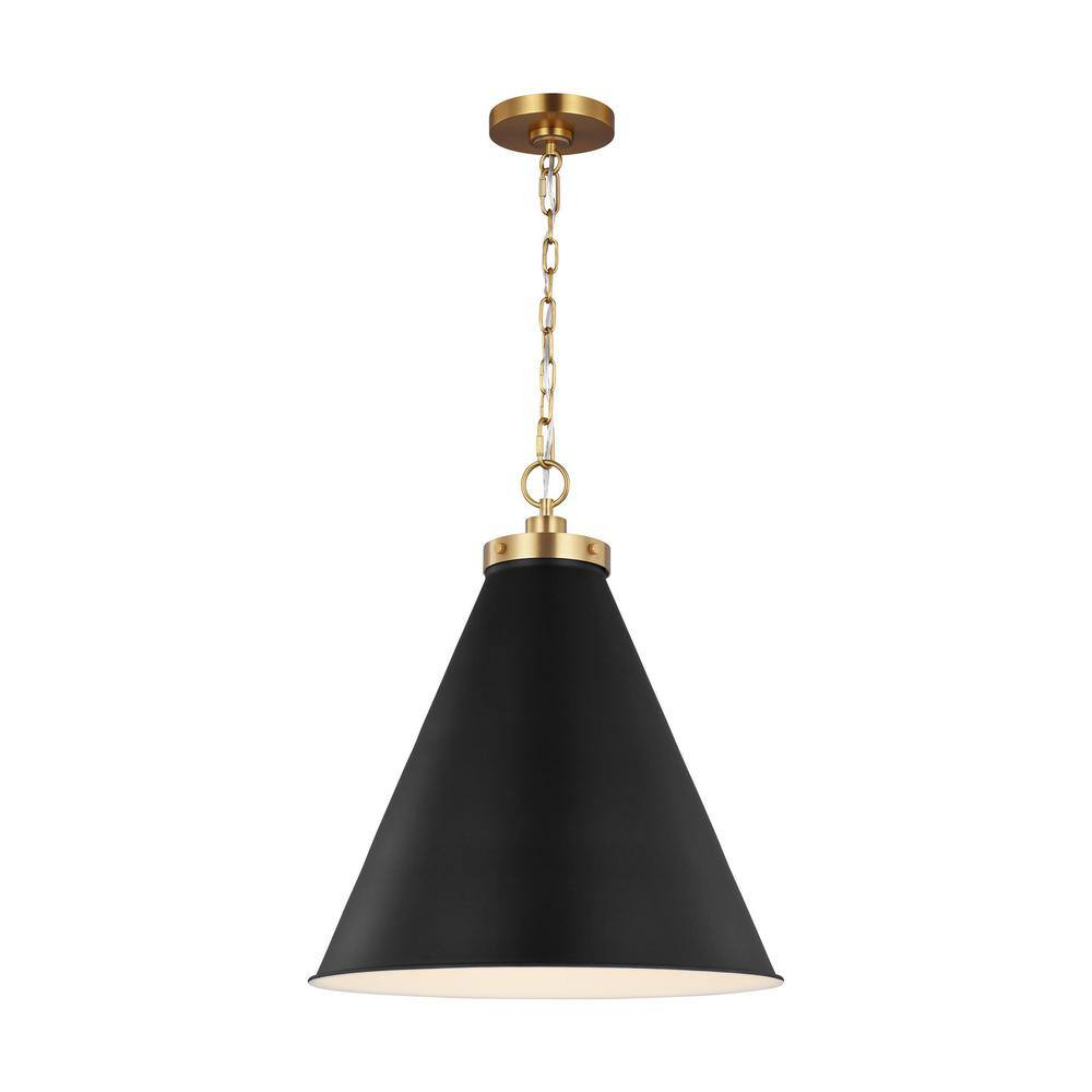 Midnight Black and Burnished Brass Cone Pendant Light