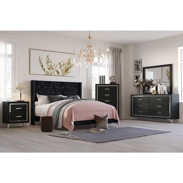 New Classic Furniture Huxley 5-Piece Black Queen Wood Bedroom Set (Bed, Dresser, Mirror, Nightstand, Chest)