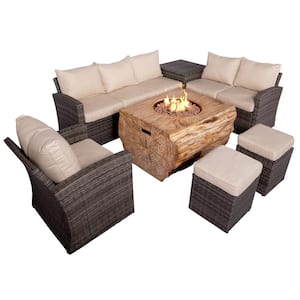 Strip 7-Pieces Rock and Fiberglass Fire Pit Table Gray Wicker Conversation Set with Gray Cushions and a Storage Box
