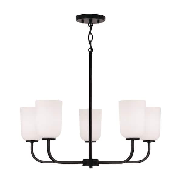 Lawson 5-Light Matte Black 26 in. W x 19.75 in. H Chandelier with Soft White Glass