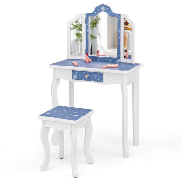 Costway 2-Piece MDF Top Blue Kids Vanity Set Toddler Makeup Table and Stool with Tri-folding Mirror Drawer