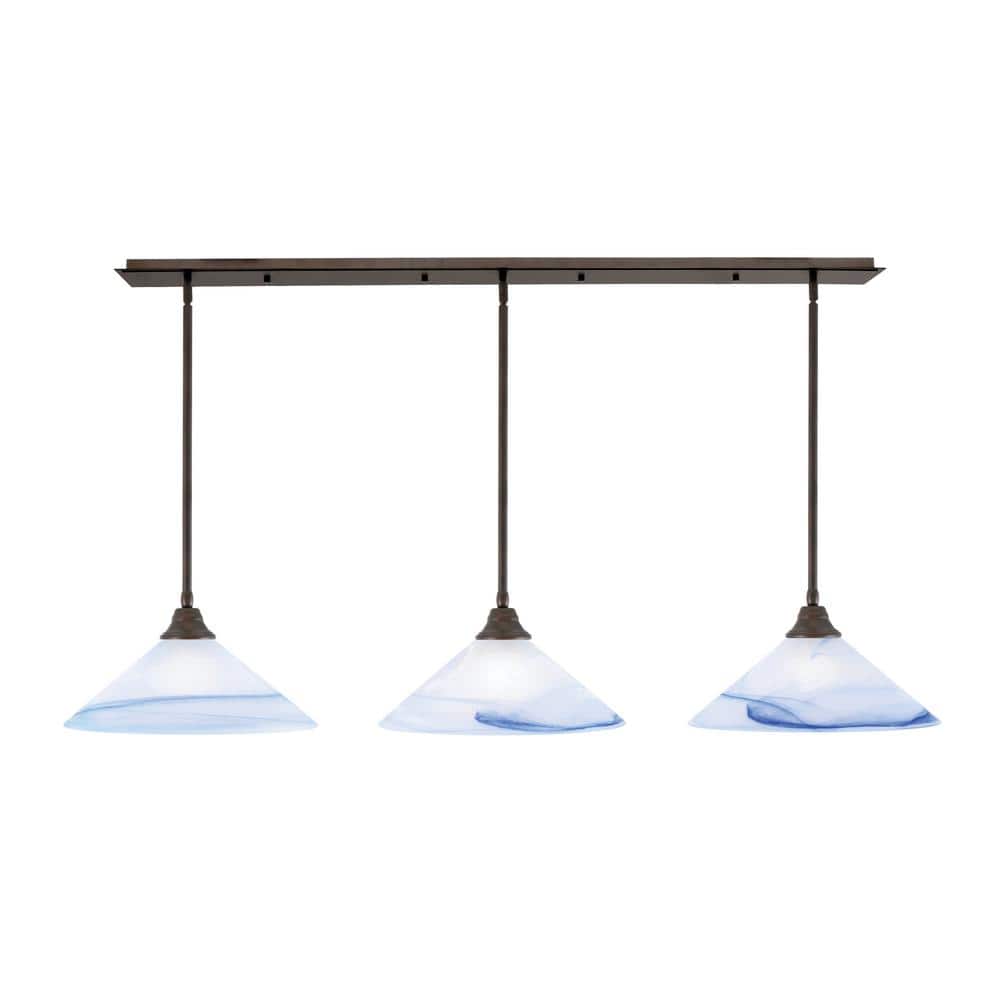 Livingston 100-Watt 3-Light Bronze Chandelier with 16 in. Blue Swirl Glass 
