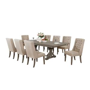 Linda 9-Piece Rectangular Rustic Grey Wood Top Table Set with 8-Beige Linen Fabric Chairs with Tufted Buttons