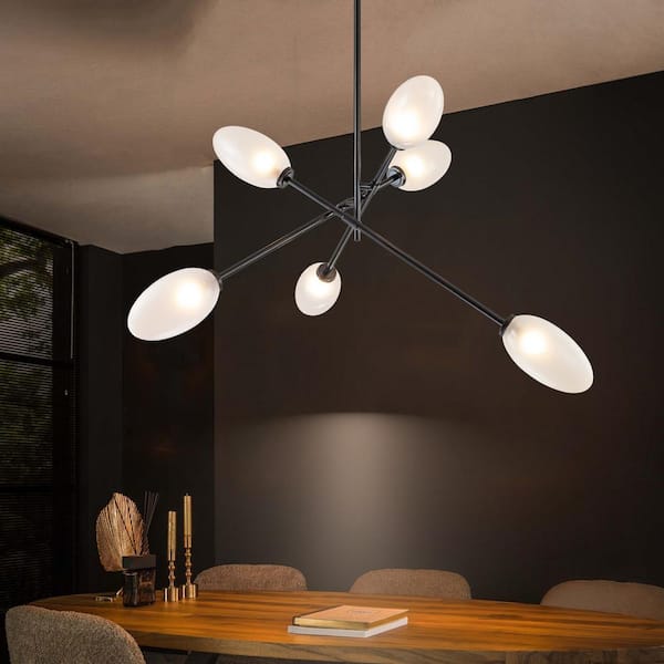RRTYO Karsyn 6-Light Black Modern Industrial Linear Sputnik Chandelier for Kitchen Island with Etched Globe Glass Shade