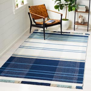 Striped Kilim Blue Beige Doormat 3 ft. x 5 ft. Plaid Striped Area Rug