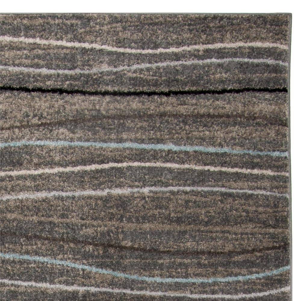 Silver and Beige Striped Synthetic Outdoor Area Rug