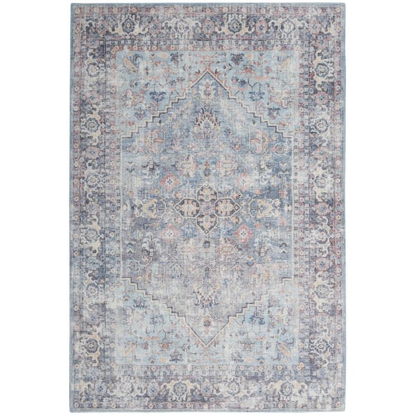 57 GRAND BY NICOLE CURTIS 57 Grand Machine Washable Light Grey/Blue 6 ft. x 9 ft. Persian Floral Traditional Area Rug