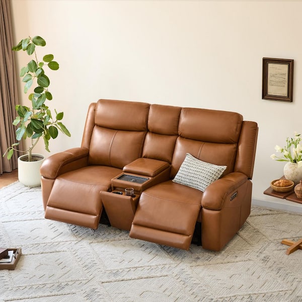 Spruce & Spring Axel 75.59 Dual Motors Wall Hugger Genuine Leather 2-Seater Loveseat Recliner in Saddle with Cup Holders, Storage Box
