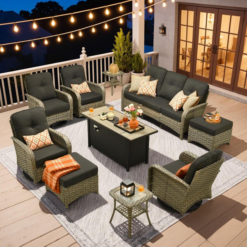 "Vinceny Gray 10-Piece Wicker Patio 54""Rectangle Fire Pit Conversation Set with Black Cushions and Swivel Chairs" price history on PriceWatchPro