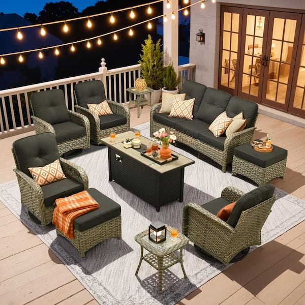 Vinceny Gray 10-Piece Wicker Patio 54"Rectangle Fire Pit Conversation Set with Black Cushions and Swivel Chairs