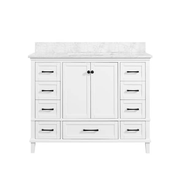 Merryfield 43 in. White Bath Vanity with Carrara Marble Top and 24 in. x 32 in. White Framed Mirror Combo
