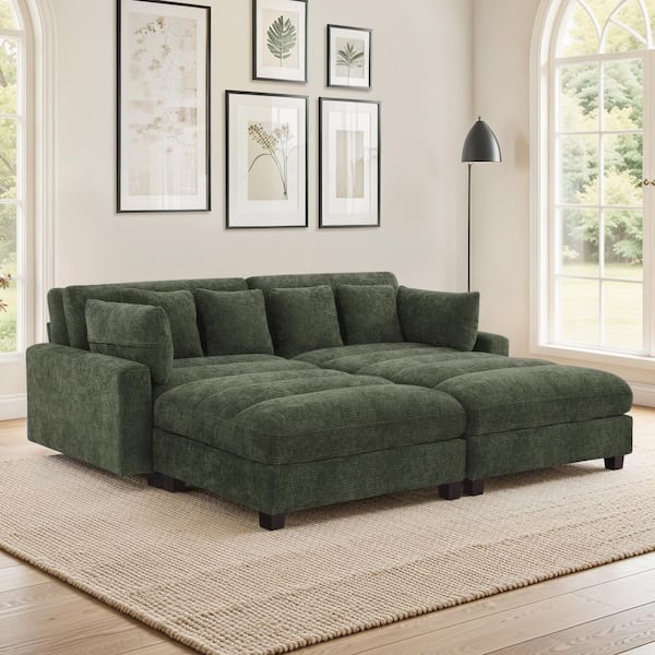 Panner 89 in. Square Arm Chenille 4-Piece Upholstered Rectangle Sectional Sofa in. Green with 2 Moveable Ottoman