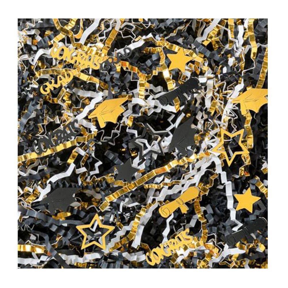 1 lb. Graduation Crinkle Cut Paper Shred Black Gold White Raffia Filler Grass with Grad Confetti for Gift Wrapping price history on PriceWatchPro