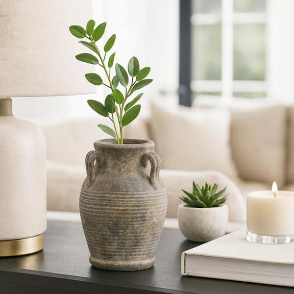 8 in. Brown Terracotta Decorative Amphora Vase with Weathered Finish