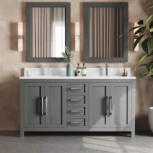 63 in. W x 22 in. D x 36 in. H Double Bath Vanity in Gray with White Quartz Vanity Top with White Basin and Mirror