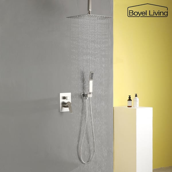 1-Spray Patterns with 2.5 GPM 12 in. Ceiling Mount Dual Shower Heads with Pressure Balance Valve in Brushed Nickel
