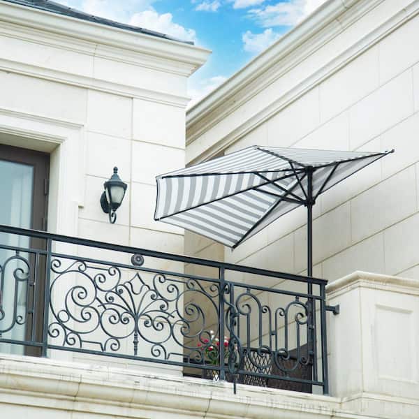 Fiji 9 ft. Outdoor Patio Half-Round Market Umbrella with Crank Lift in Black/White Stripe