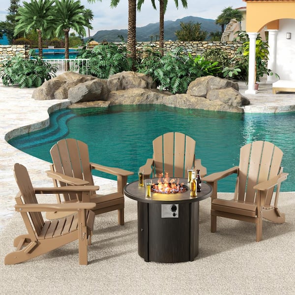 WESTIN OUTDOOR Springville Weatherwood 5-Piece HDPE Plastic Folding Adirondack Patio Fire Pit Conversation Set
