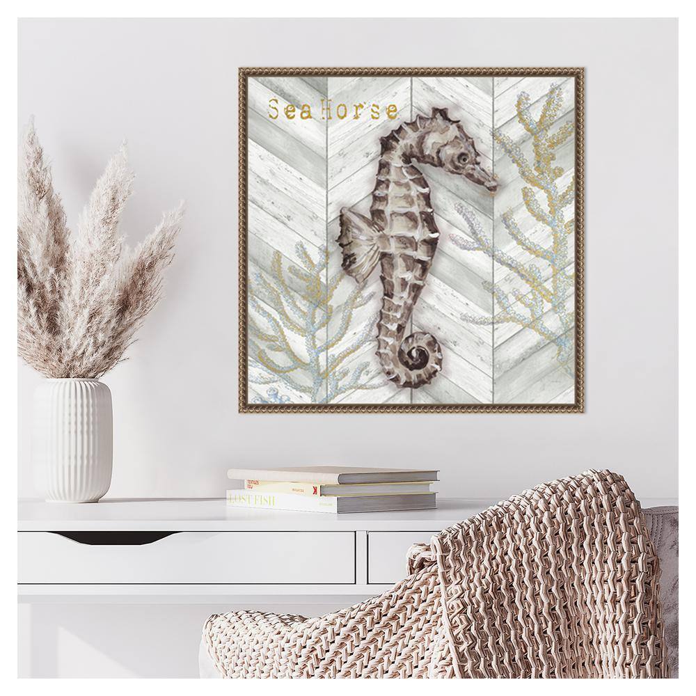 Gray Gold Chevron Seahorse Canvas Wall Art with Bronze Frame