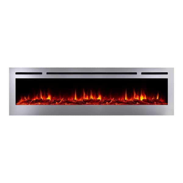 Deluxe 72 in. Wall Mount or Recessed Electric Fireplace in Stainless Steel with LED Flame