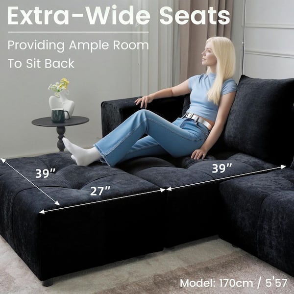 144 in. Oversized Square Arm Linen L-Shaped Modular Sectional Sofa 3-Seater with Ottoman in. Black