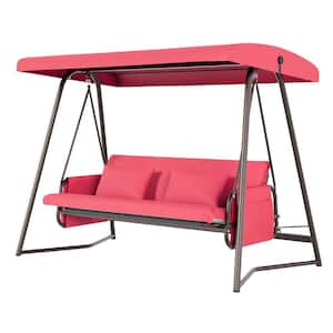 3-Person Metal Patio Swing Chaise Lounge with Cushion and Canopy in Red