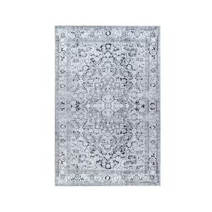 Elodi Charcoal 5 ft. 6 in. x 8 ft. 6 in. Geometric Floral Medallion Indoor Area Rug