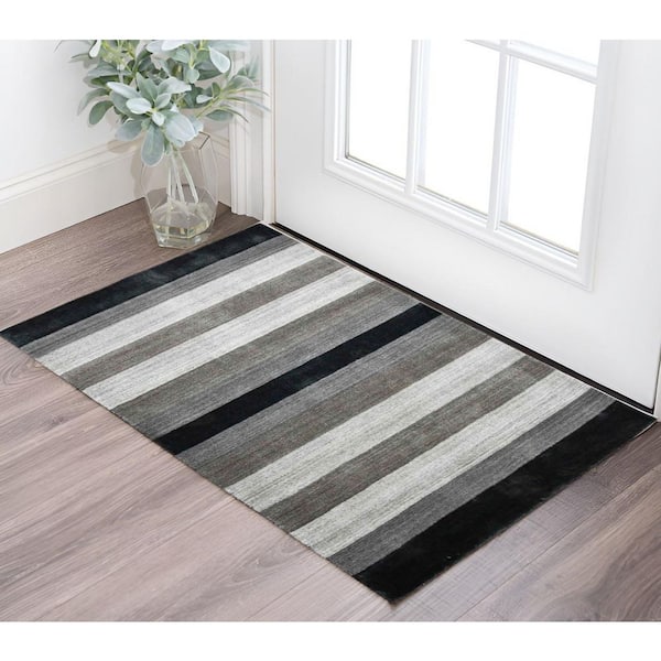 2 ft. x 3 ft. Black And Gray Wool Striped Hand Woven Area Rug