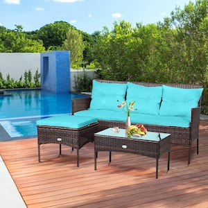 3-Piece Patio Rattan Sectional Conversation Furniture Set with Turquoise Cushions