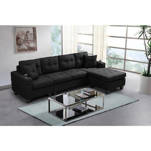 96 in. Square Arm Polyester Modern L Shaped 4-Seats Sofa with 2-Pillows in Black