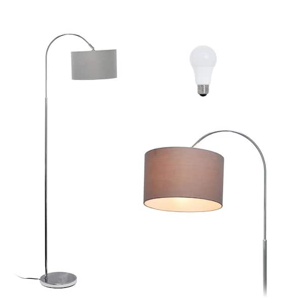 Simple Designs 66 in. Modern Brushed Nickel Arched Floor Lamp with Gray Shade, with LED Bulb Included