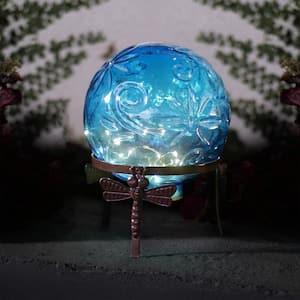 13 in. Tall Indoor/Outdoor Pearlized Blue Glass LED Gazing Globe with Stand