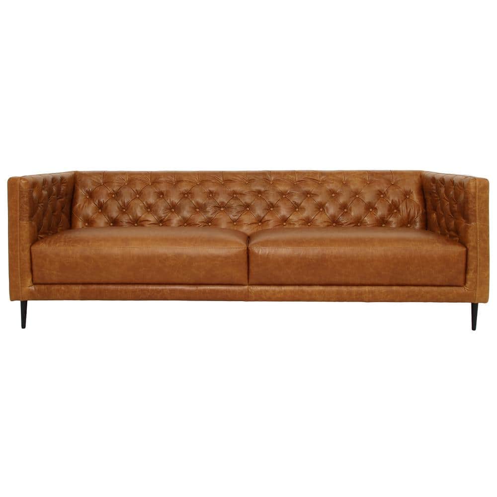 Cognac Tan Tufted Leather Mid-Century Modern Sofa