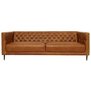 Harold 91 in. Genuine Leather Square Arm Mid-Century Modern Sofa in Cognac