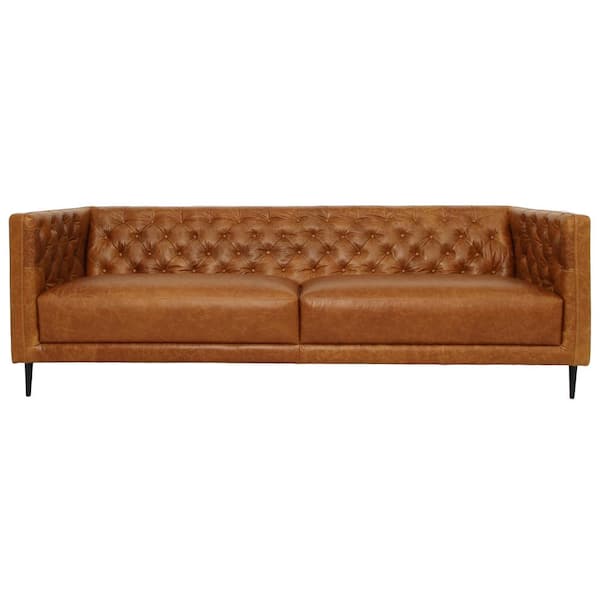 Ashcroft Furniture Co Harold 91 in. Genuine Leather Square Arm Mid-Century Modern Sofa in Cognac