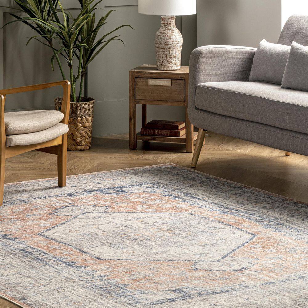 Peach Floral Soft Synthetic 5' x 8' Easy Care Area Rug