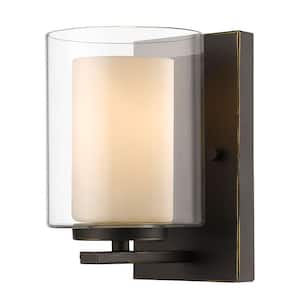Wesson 8 in. 1-Light Old Bronze Steel Contemporary Sconce with Clear Outside, Matte Opal Inside Glass Shade