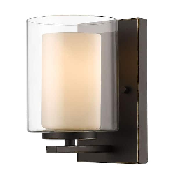 Unbranded Wesson 8 in. 1-Light Old Bronze Steel Contemporary Sconce with Clear Outside, Matte Opal Inside Glass Shade