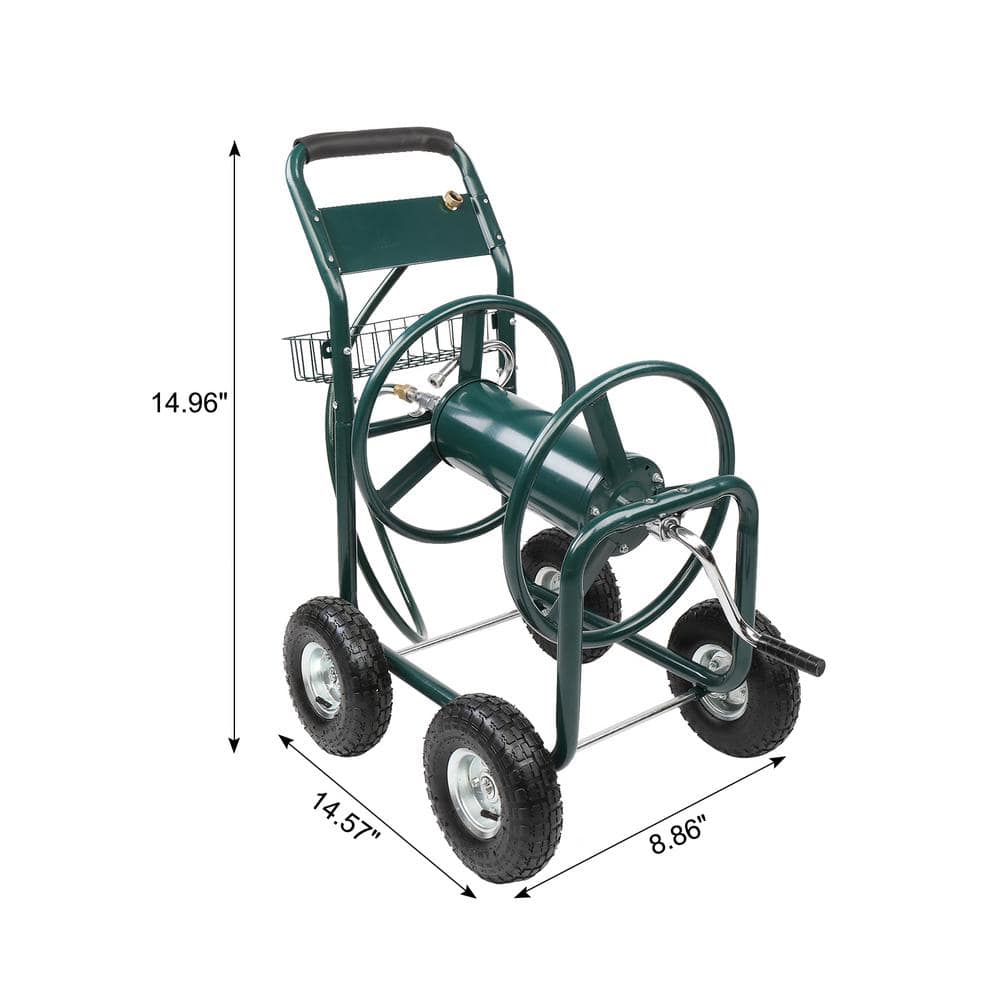 Green Steel Four-Wheel Hose Reel Cart with Manual Crank