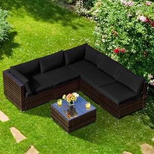 Patio Coffee 6-Piece Plastic Wicker Outdoor Sectional Set Cushioned in Black Cushion