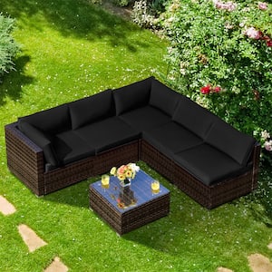 Patio Coffee 6-Piece Plastic Wicker Outdoor Sectional Set Cushioned in Black Cushion