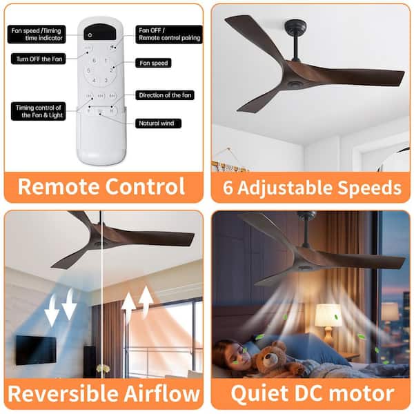 Gloweer 52-Inch Dark Wood Ceiling Fan without Light, 6-Speed